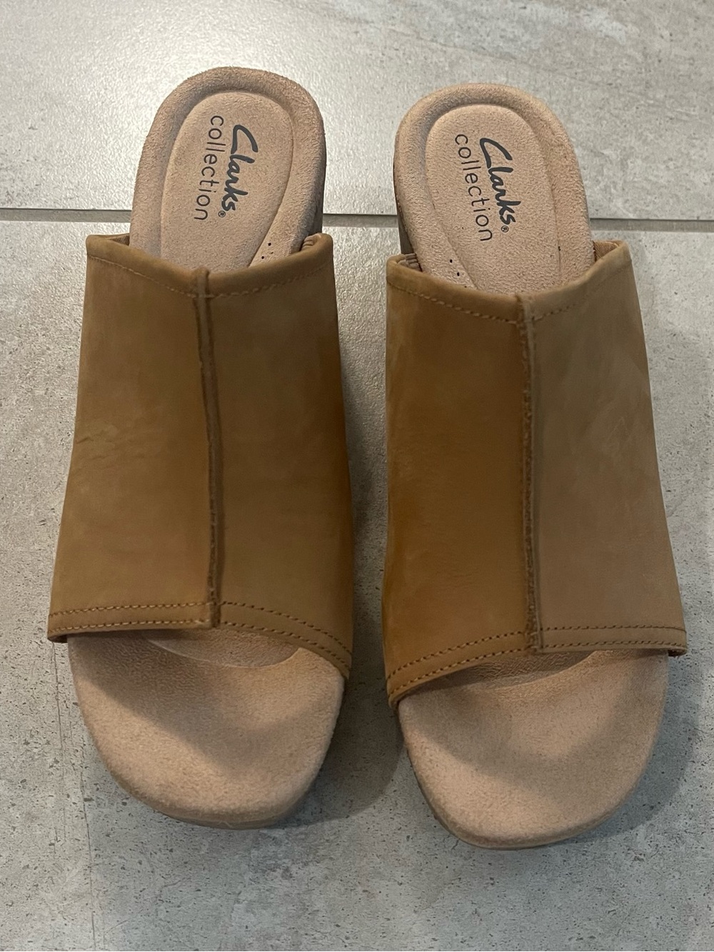 Clarks Tan Slide Wedge Sandals
